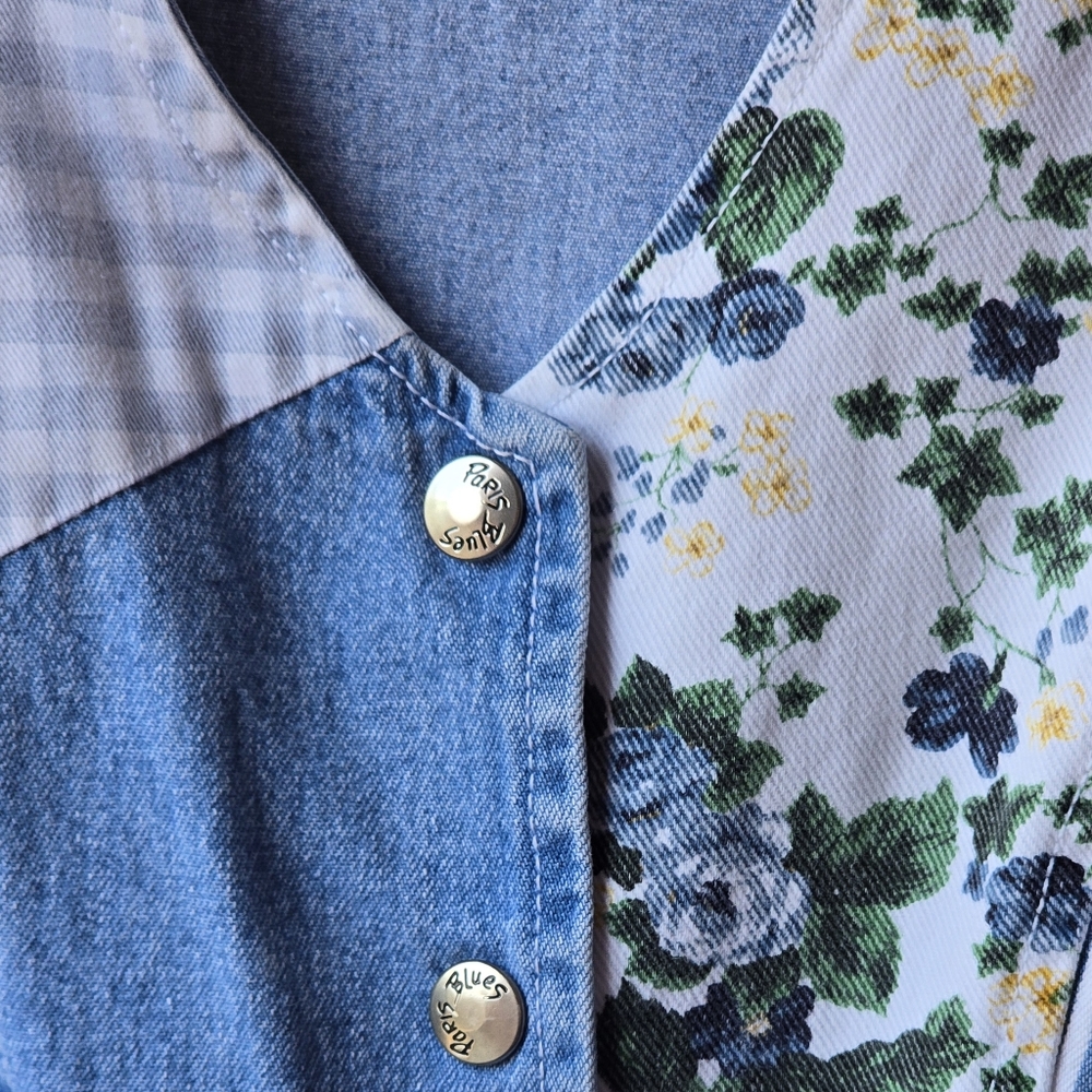 Vintage Denim Patchwork Maxi Dress with Floral & Stripes - Picture 3 of 12